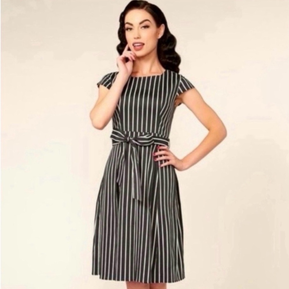 Pinup Couture / Golightly Mae
dress Victorian Stripe-Goth- Summerween Med- EUC